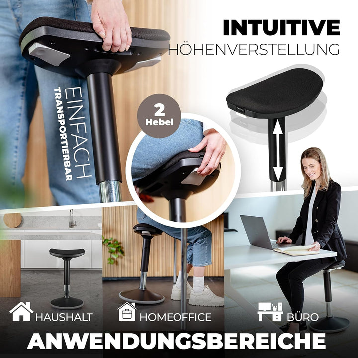 Ergonomischer Bürohocker [2 Sitzpositionen] höhenverstellbarer Sattelhocker [43–63 cm] Sitzhocker fü