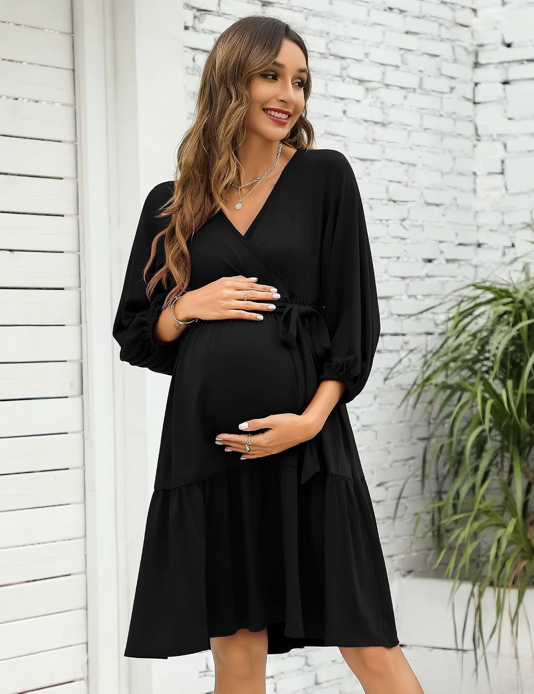 KOJOOIN Damen Umstandskleid V-Ausschnitt 3/4 Ärmel Stillkleid Rüschen Schwangerschafts Kleider mit G