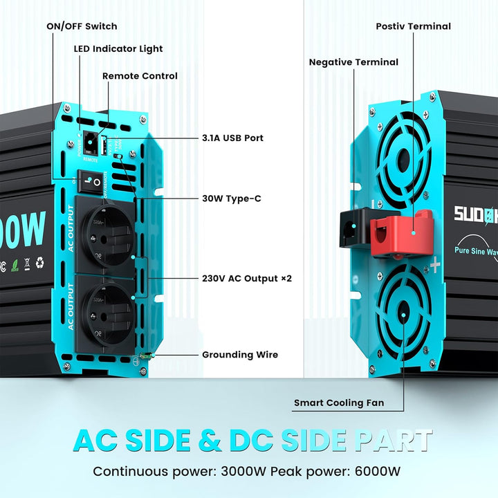 SUDOKEJI 3000W/6000W Wechselrichter Reiner Sinus Spannungswandler 12v auf 230v Power Inverter mit LC