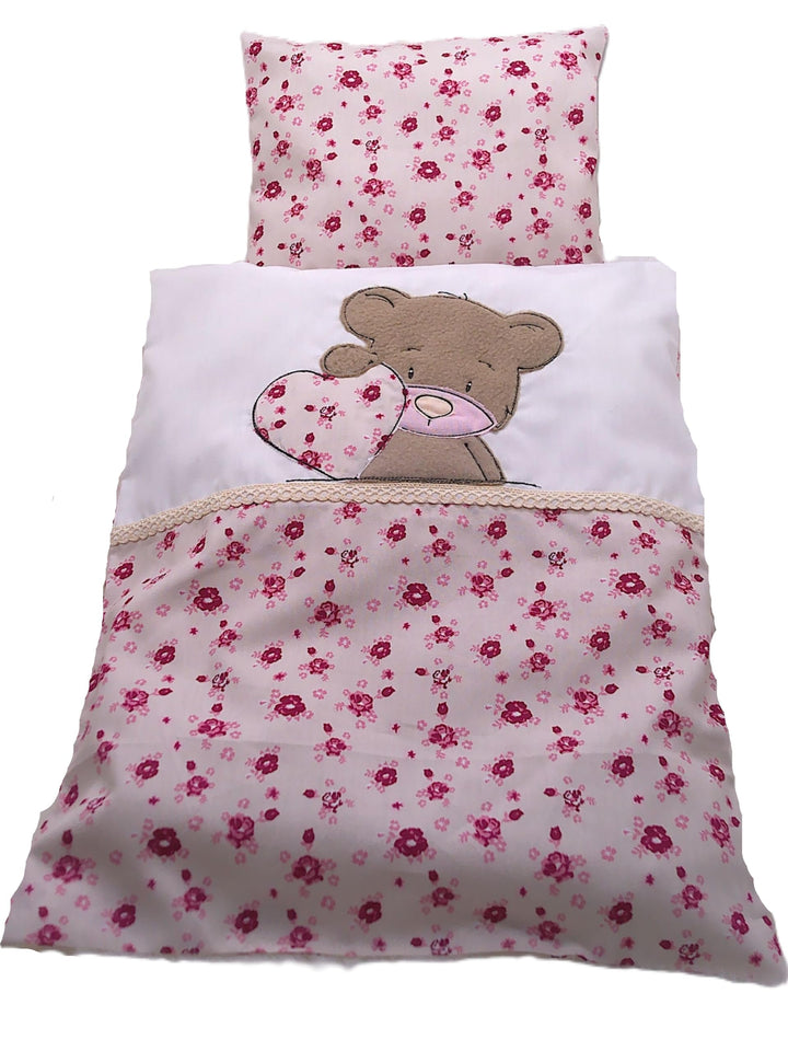 Puppenbettwäsche altrosa mit Teddy aus Fleece, Masse ca. Decke 40h x 33b, Kissen 20h x 24b cm.