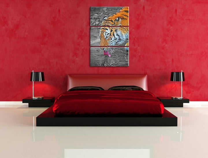 stolzer Tiger am Wasser schwarz/weiss Deluxe 3-Teiler Leinwandbild 120x80 Bild auf Leinwand, XXL rie
