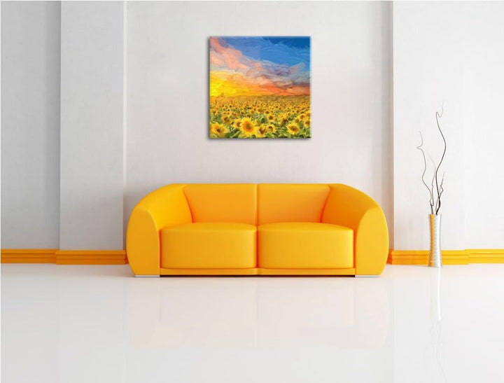 Pixxprint Sonnenblumenfeld / 70x70cm Leinwandbild bespannt auf Holzrahmen/Wandbild Kunstdruck Dekora