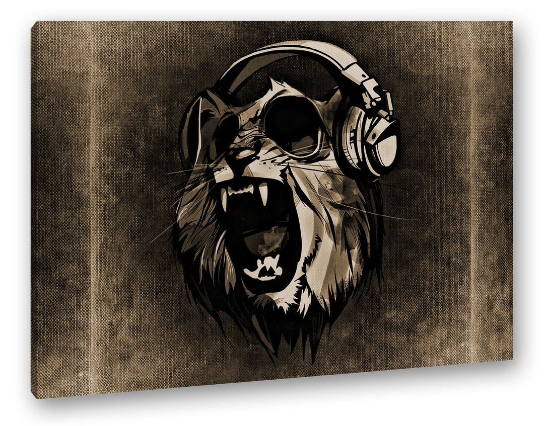 deyoli brüllender Tiger mit Kopfhörern Format: 80x60 Effekt: Sepia als Leinwandbild, Motiv fertig ge