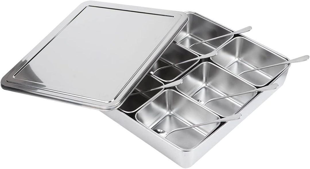 Haofy Edelstahl-Gewürzbox, Gewürzvorratsbehälter mit 6 Gittern, Gewürzglasbehälter-Set mit Löffeln K