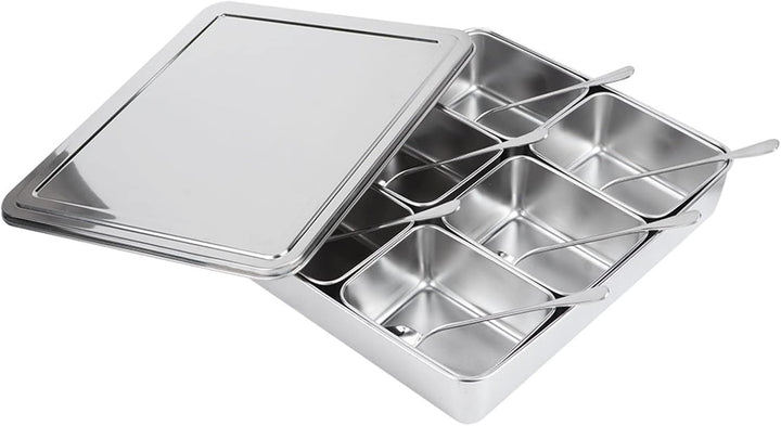 Haofy Edelstahl-Gewürzbox, Gewürzvorratsbehälter mit 6 Gittern, Gewürzglasbehälter-Set mit Löffeln K