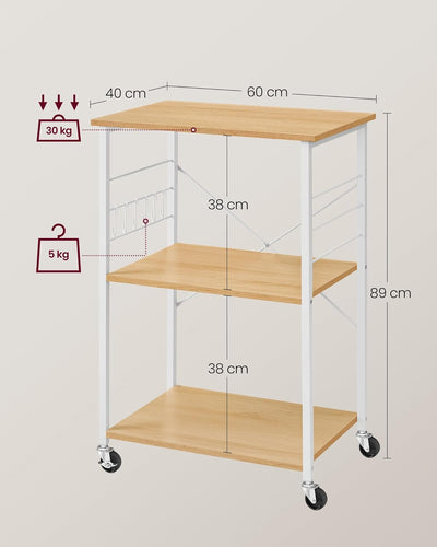 VASAGLE Küchenregal auf Rollen, Servierwagen mit 3 Ebenen, Küchenwagen, Mikrowellen-Regal, für Mini-