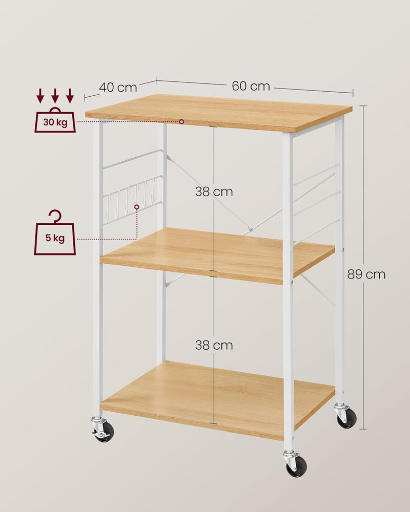 VASAGLE Küchenregal auf Rollen, Servierwagen mit 3 Ebenen, Küchenwagen, Mikrowellen-Regal, für Mini-