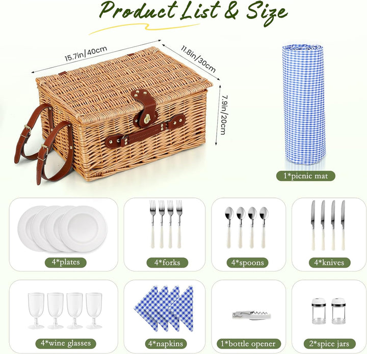 Weidenkorb für 4 Personen, Vintage Picknickkorb Set, mit Kühlfach, Wasserdichter Decke, Besteck, für
