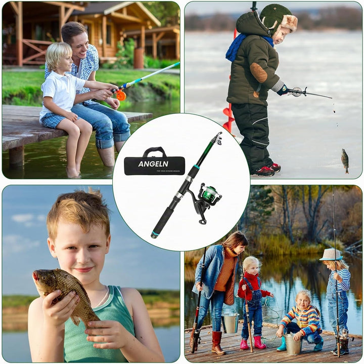 Angelset für Kinder, Kinderangel Komplett Anfänger, Kinder Angelset mit Angelrolle und Köder, 1.8m K