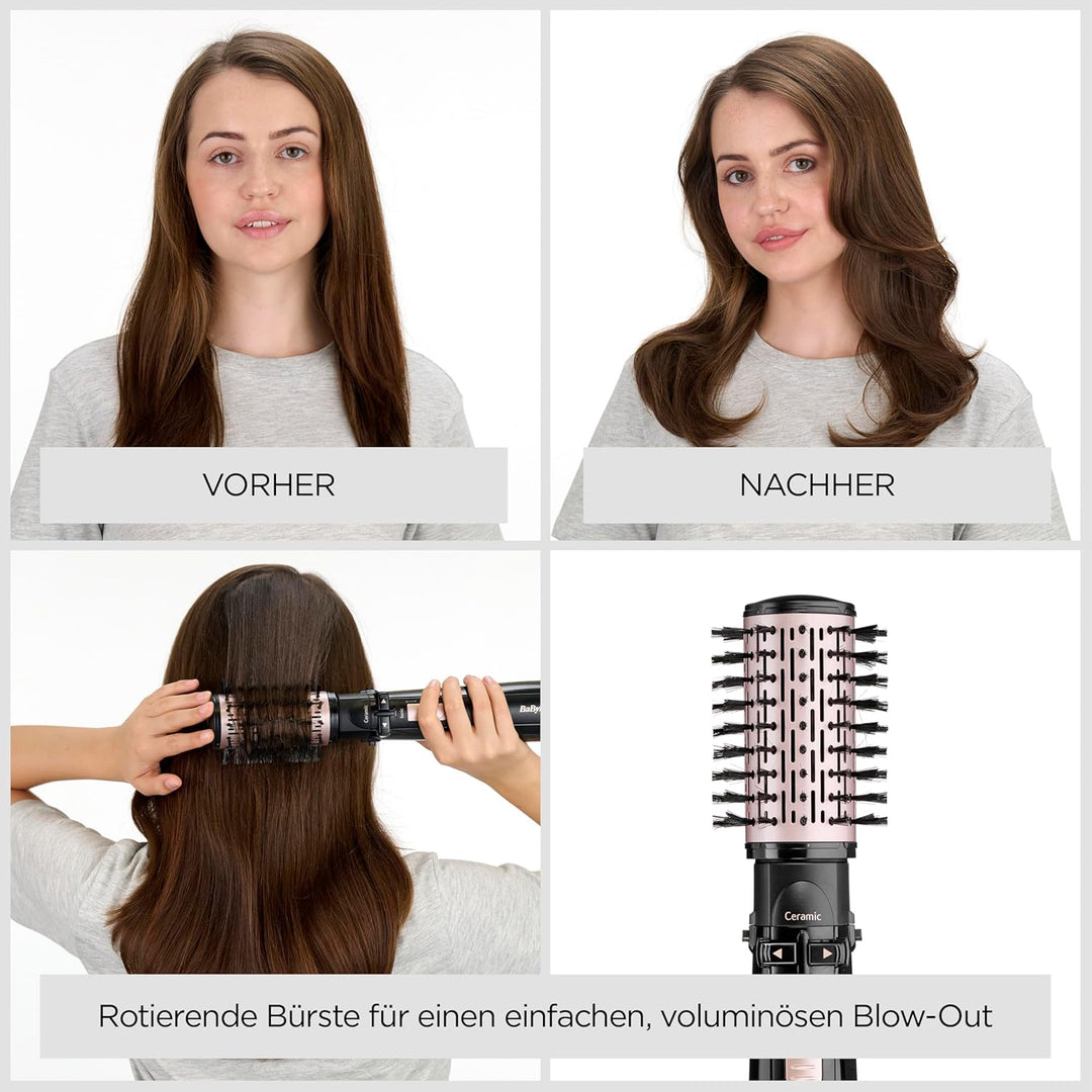 BaByliss rotierende Warmluftbürste mit 1000 Watt und 4 Aufsätzen zum Trocknen, Glätten, Formen und f