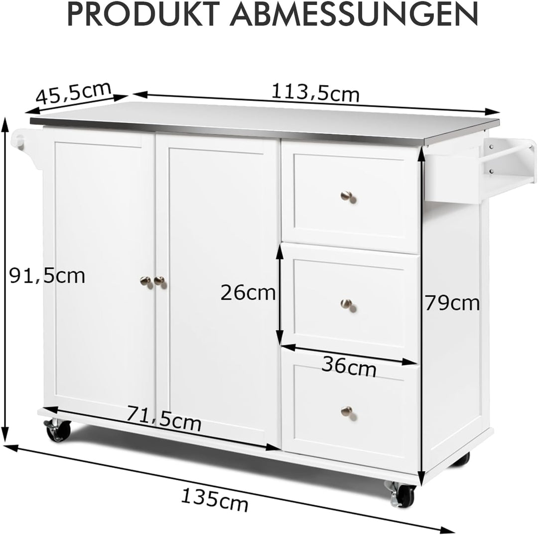 COSTWAY Küchenwagen mit Arbeitsplatte aus Edelstahl, Kücheninsel mit 3 Schubladen &amp; Verstellbarer Ab