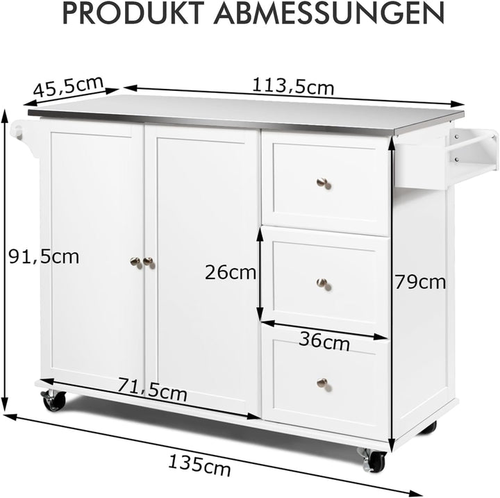 COSTWAY Küchenwagen mit Arbeitsplatte aus Edelstahl, Kücheninsel mit 3 Schubladen &amp; Verstellbarer Ab