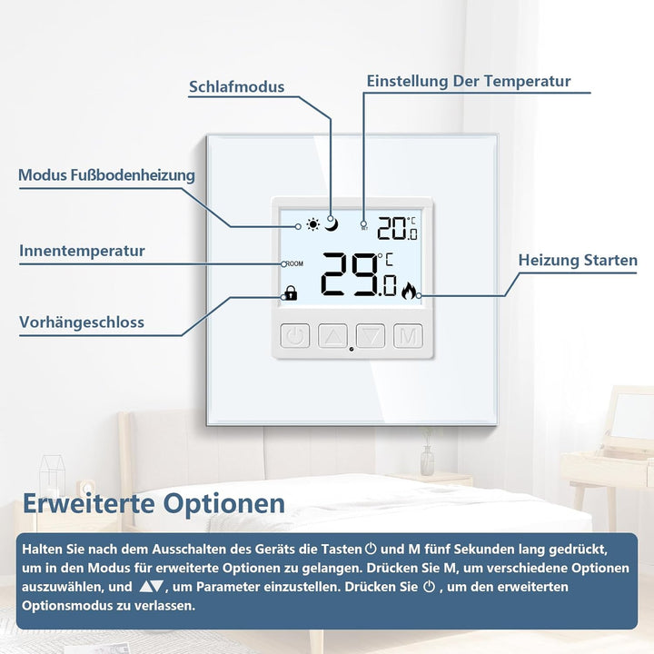 CNBINGO Digitaler Raumthermostat Unterputz mit Fühler, Thermostat für Wasser Fussbodenheizungen und