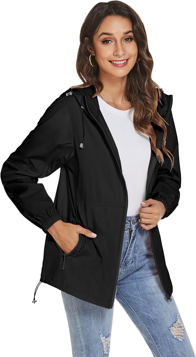 iWoo Regenjacke Damen Wasserdicht Atmungsaktiv Dünne Regenmantel Leichte Jacke Outdoorjacke Windbrea