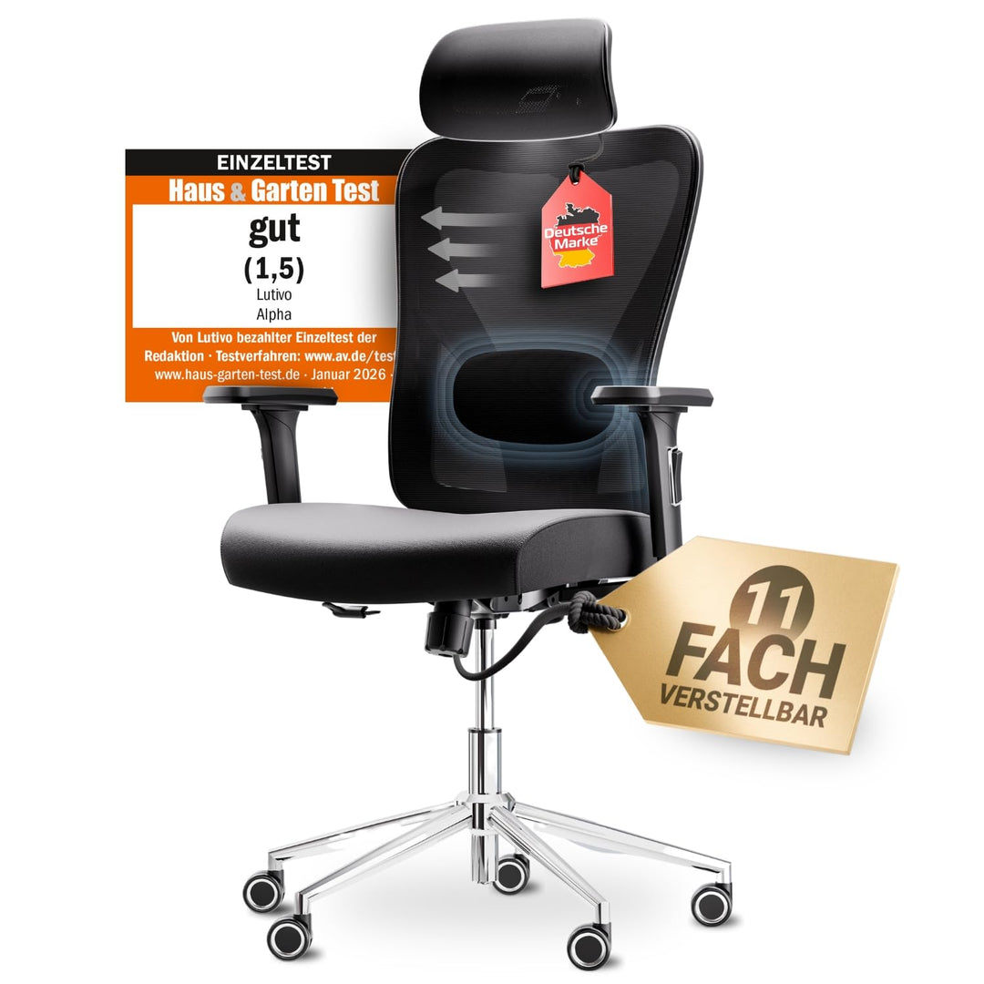 LUTIVO Alpha Bürostuhl ergonomisch [ORIGINAL] Schreibtischstuhl ergonomisch mit 11 Komfort-Einstellu