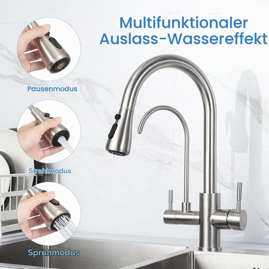 3 Wege Wasserhahn Edelstahl, 360° Drehbar Trinkwasserhahn mit Ausziehbarer Handbrause, 3 in 1 Küchen