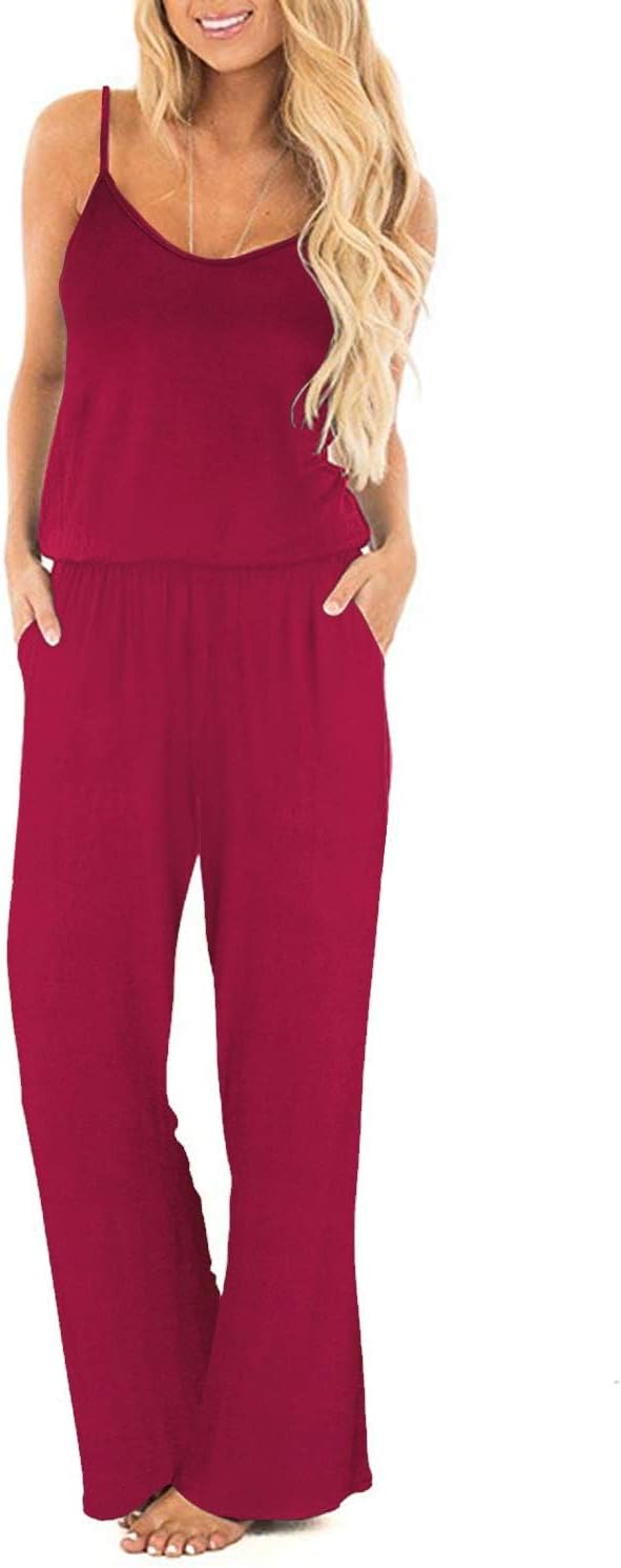 OUGES Damen Sommer Ärmellos Jumpsuit Overall Lang Hosenanzug Casual Playsuit Romper mit Taschen S We