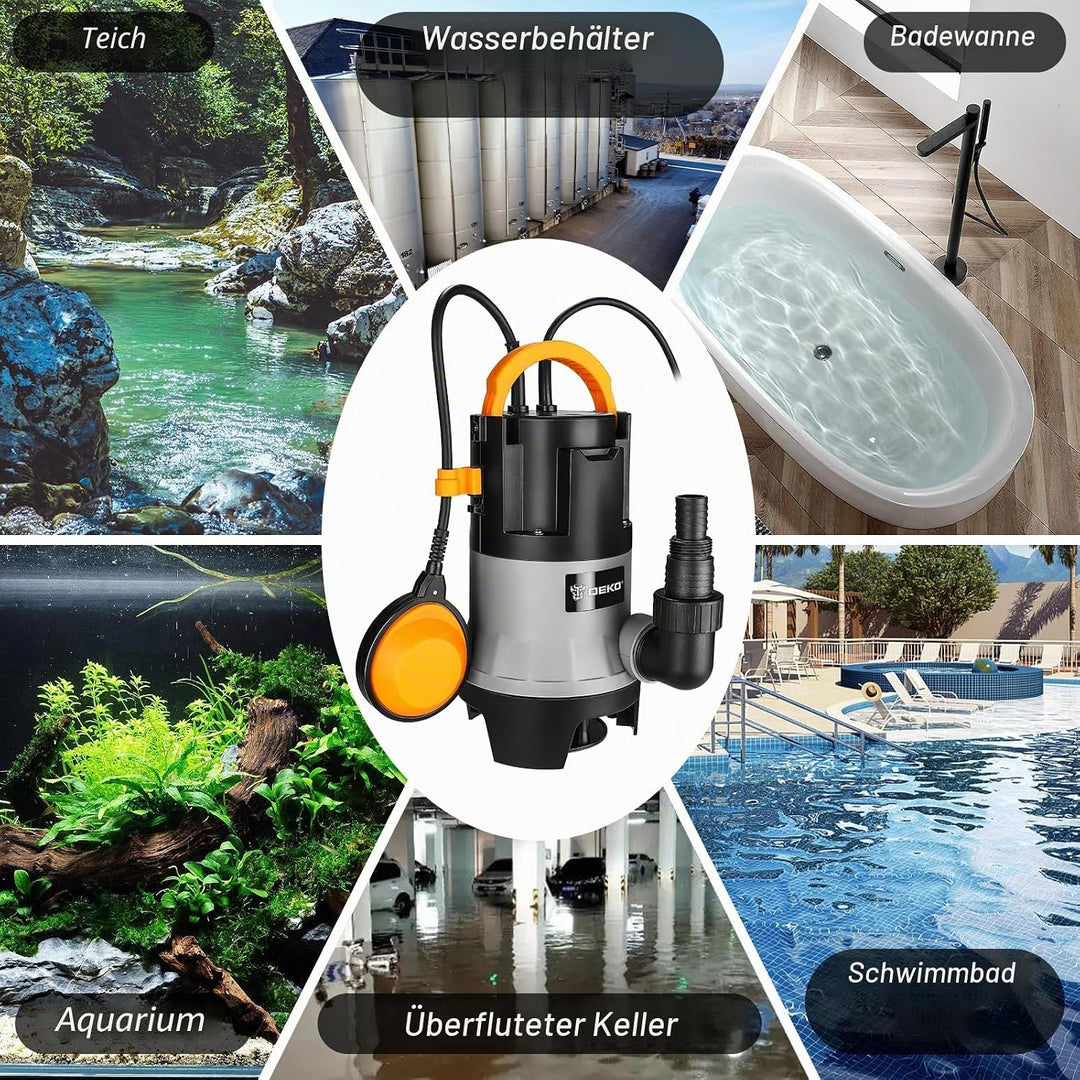 DEKO Wasserpumpe, Tauchpumpe 400W/8000L/H mit Schwimmerschalter für Schwimmbad, Badewanne und Garten