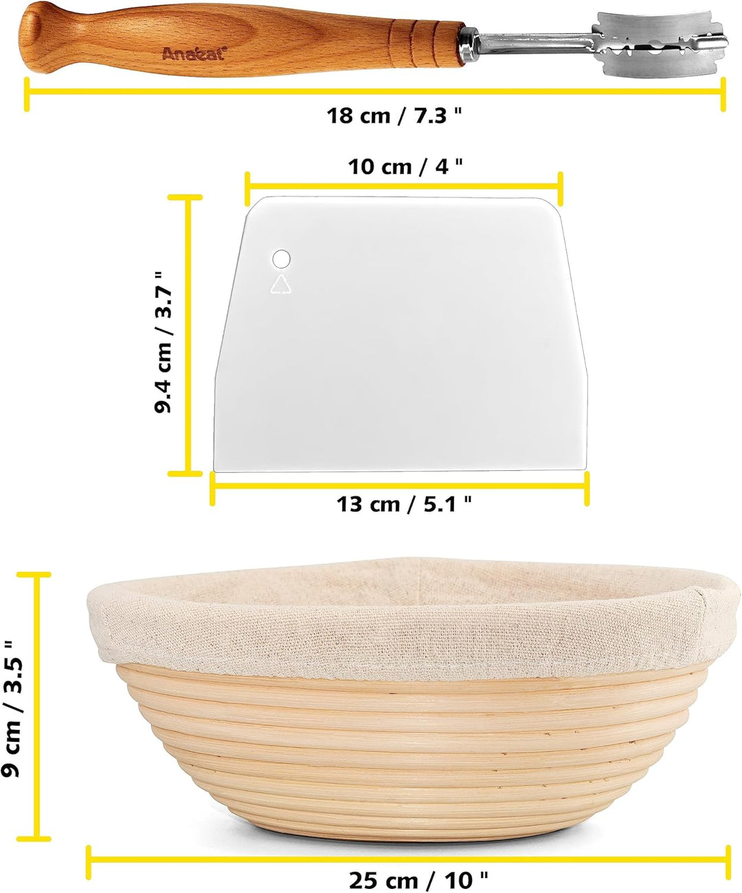 Anaeat 25 cm Brot-Banneton-Gärkorb-Set – runder Sauerteig-Gärkorb aus 100% natürlichem Rattan mit La