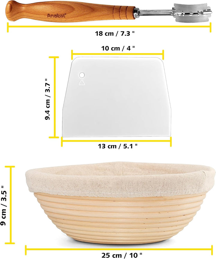 Anaeat 25 cm Brot-Banneton-Gärkorb-Set – runder Sauerteig-Gärkorb aus 100% natürlichem Rattan mit La