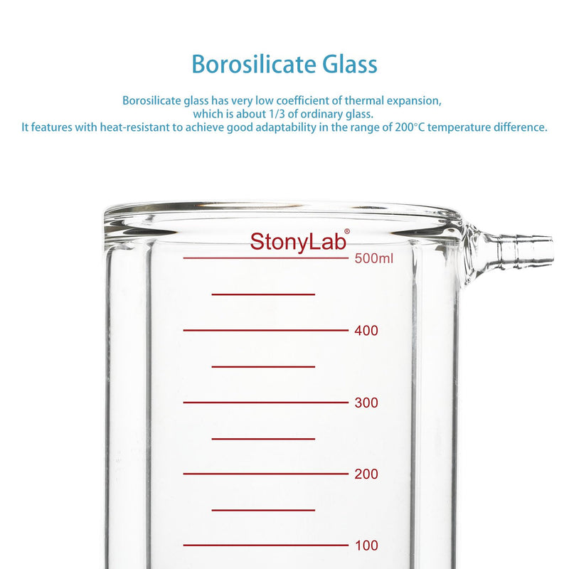 stonylab Glas Ummantelt Becher, 1 Packung Messbecher aus Borosilikatglas mit Flachem Boden und Doppe