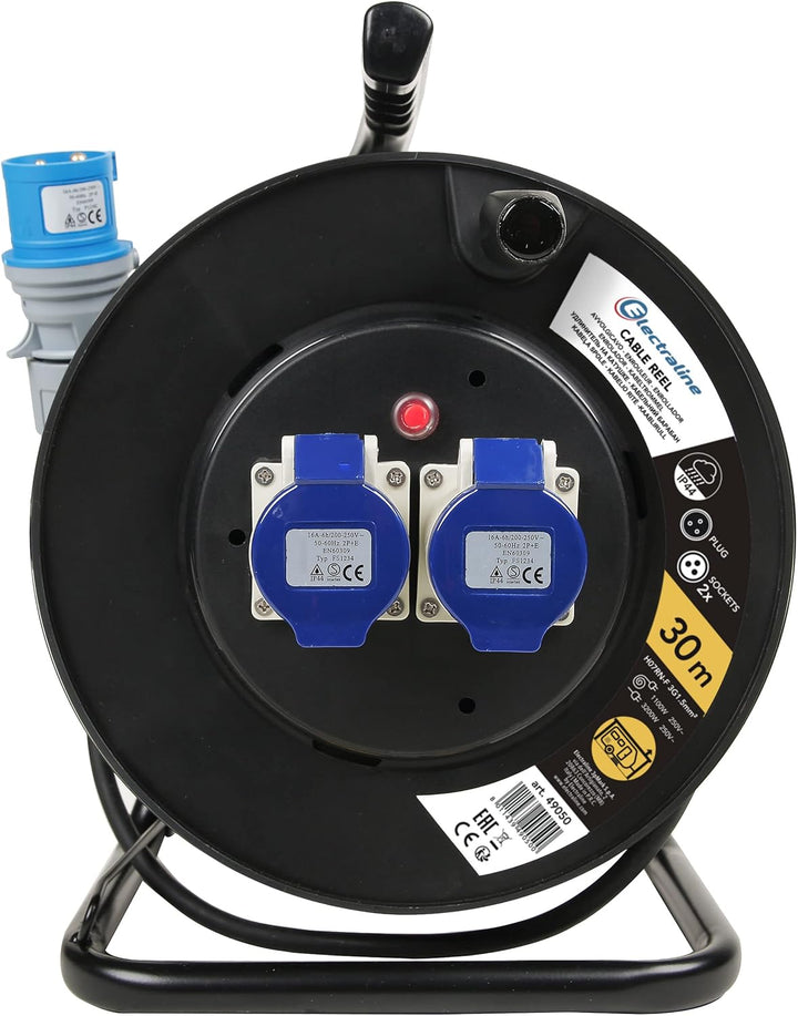 Electraline 49050 Kabeltrommel, mit gummiertem Kabel, 30 m, 2 IEC-Steckdosen, Schwarz / Blau 3G1,5,