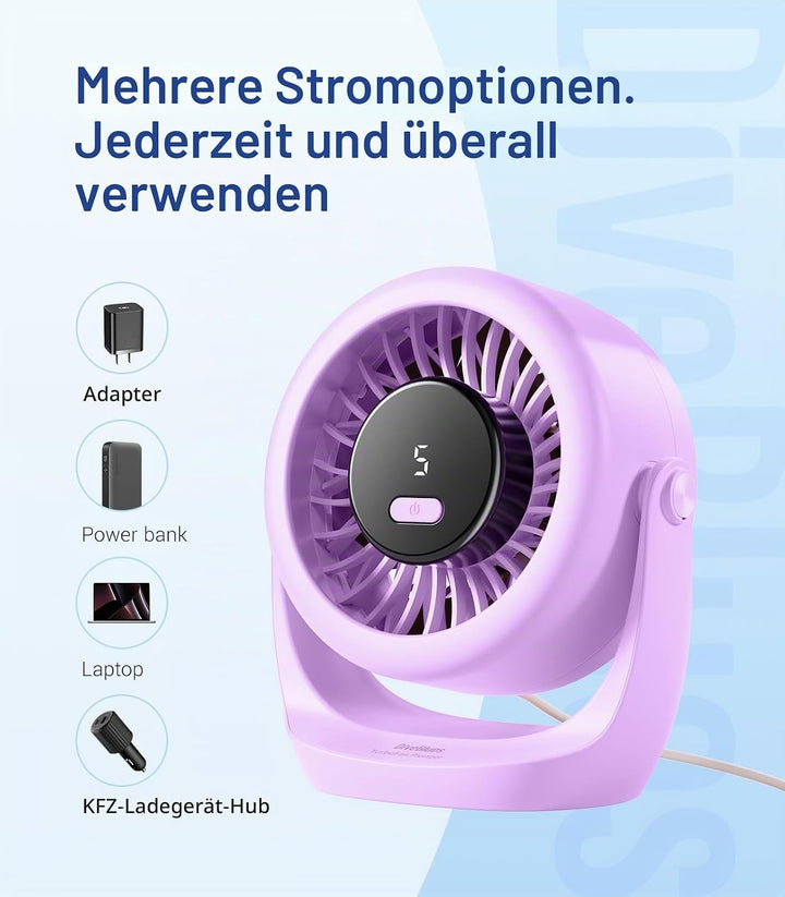 Diveblues USB Turbo Tischventilator, Ultra-Leiser Mini Ventilator, Leistungsstarker Wind, LED-Displa