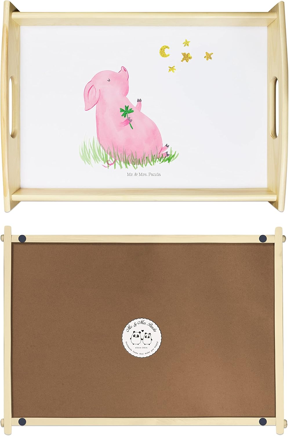 Mr. & Mrs. Panda Dekotablett Schwein Glück - Geschenk, Schweinchen, Frühstückstablett, Serviertablet