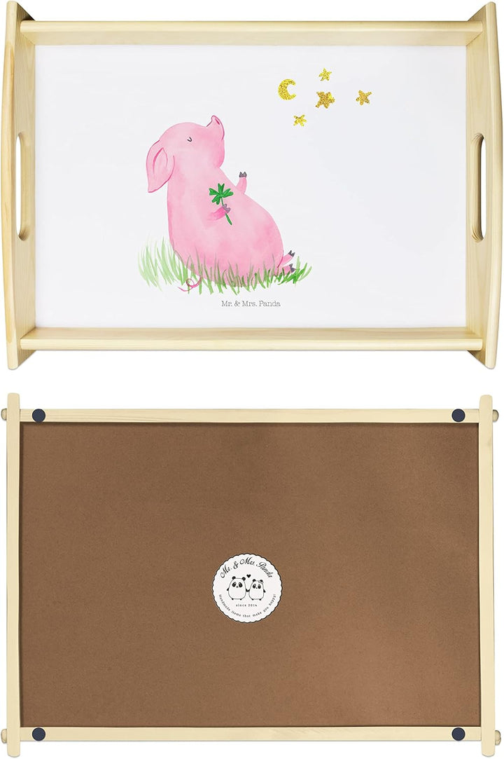Mr. & Mrs. Panda Dekotablett Schwein Glück - Geschenk, Schweinchen, Frühstückstablett, Serviertablet