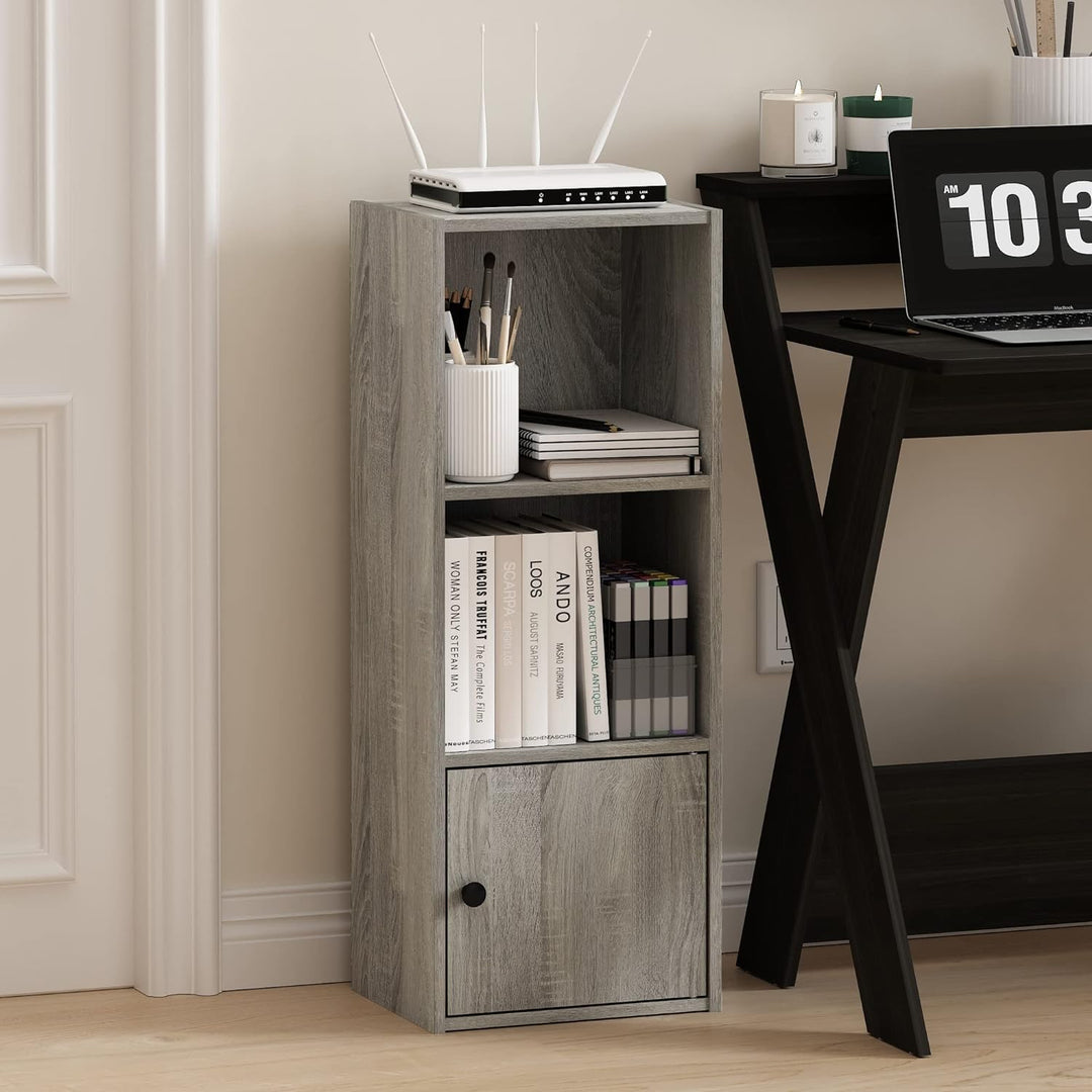 Furinno Luder Bücherregal mit 3 Ebenen und 1 Tür, Holzwerkstoff, Französische Eiche, 3-Tier Französi