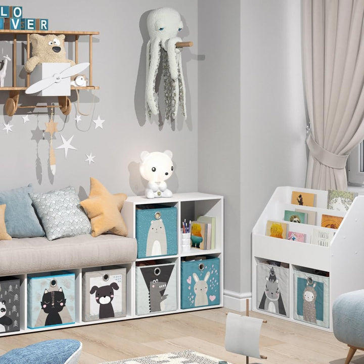 Vicco Kinderregal Tetra, Weiss, 72 x 72.6 cm mit 4 Faltboxen (grau/blau), 4 Fächer Faltboxen: grau,