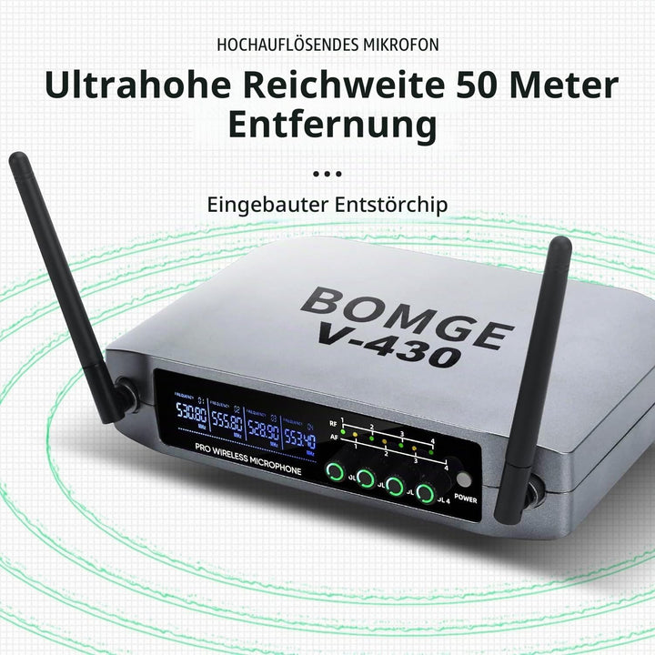 BOMGE Kabelloses Mikrofonsystem, Pro 4-K schnurloses Mikrofon-Set mit vier Handmikrofonen, Festfrequ