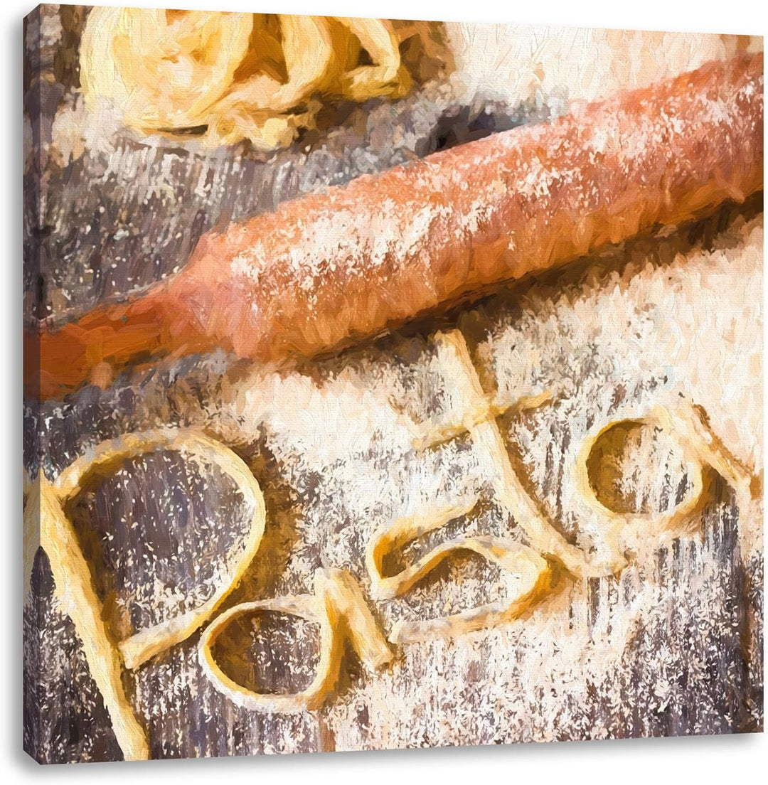Pasta vor Nudelholz, Format: 70x70 auf Leinwand, XXL riesige Bilder fertig gerahmt mit Keilrahmen, K