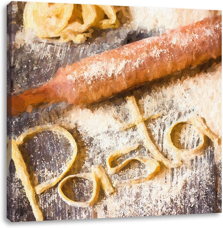 Pasta vor Nudelholz, Format: 70x70 auf Leinwand, XXL riesige Bilder fertig gerahmt mit Keilrahmen, K