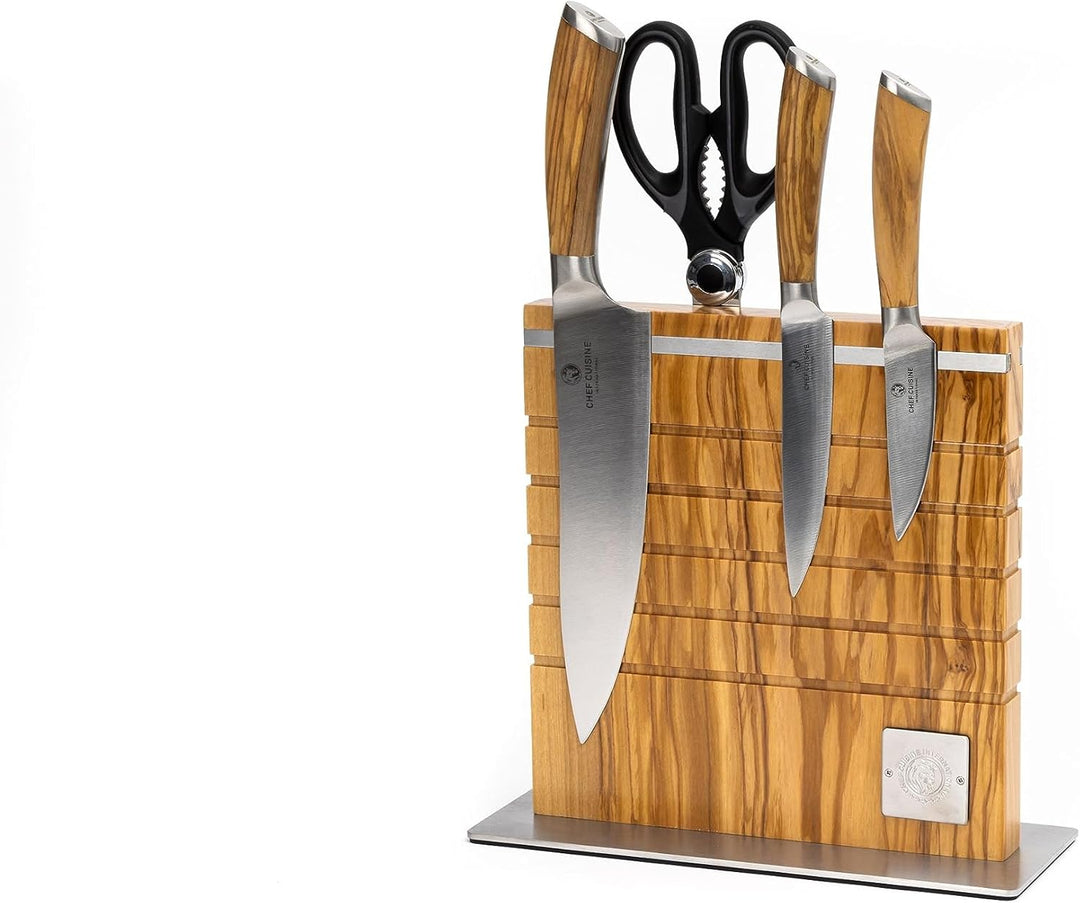 Chef Cuisine Messerset mit Messerblock Olivenholz 5-teilig – hochwertiger Messerblock magnetisch mit