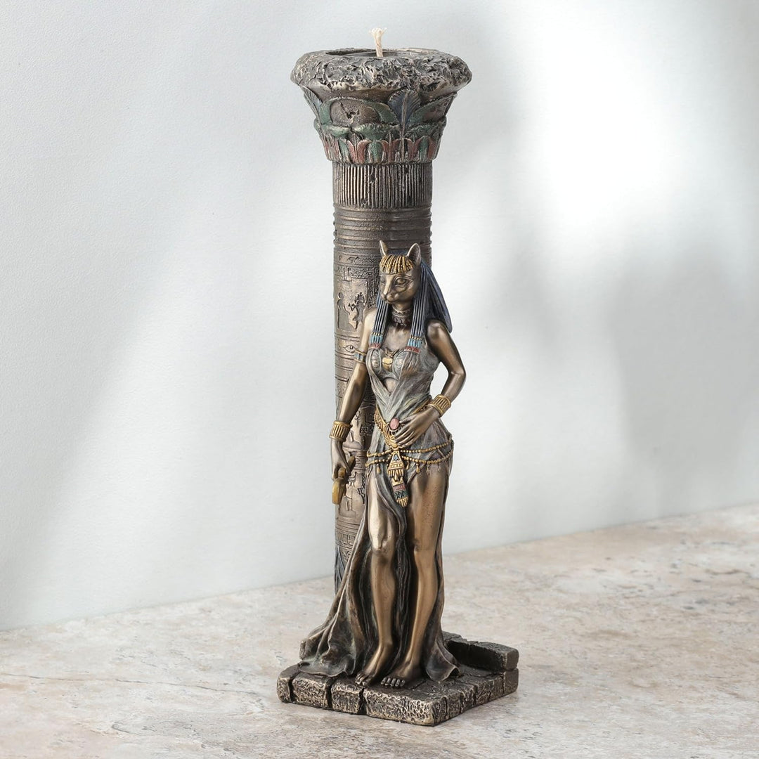 Zeckos gyptische göttin bastet auf s?ule lehnend statue Bronze 10 3/4 Inches Tall