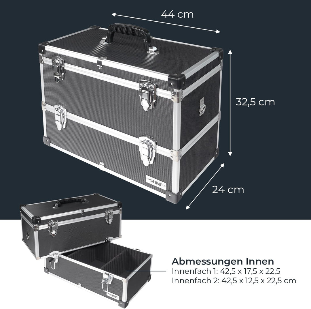HMF 14660-02 Alu Werkzeugkoffer leer, 2 Etagen, 44 x 32,5 x 24 cm, schwarz, 2 Etagen