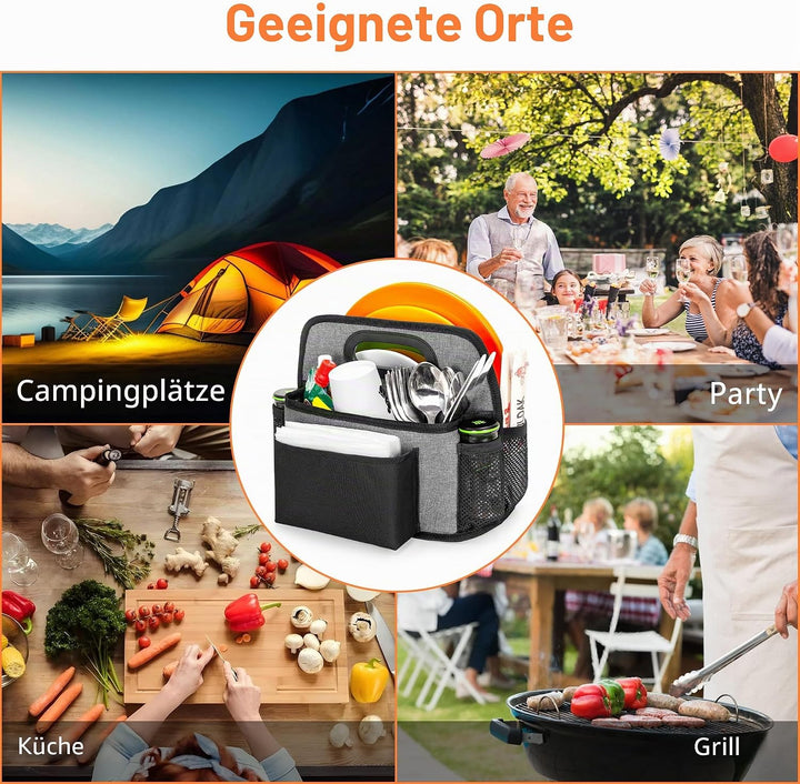Camping-Utensilientasche, Aufbewahrungstasche für Pappteller mit 4 Fächern für Tassen, Gabeln, Löffe