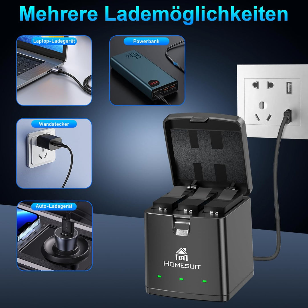Homesuit Hero 13 Akku 2100mAh und LED 3-Kanal USB Speicherladegerät für GoPro Hero 13 Black Enduro W