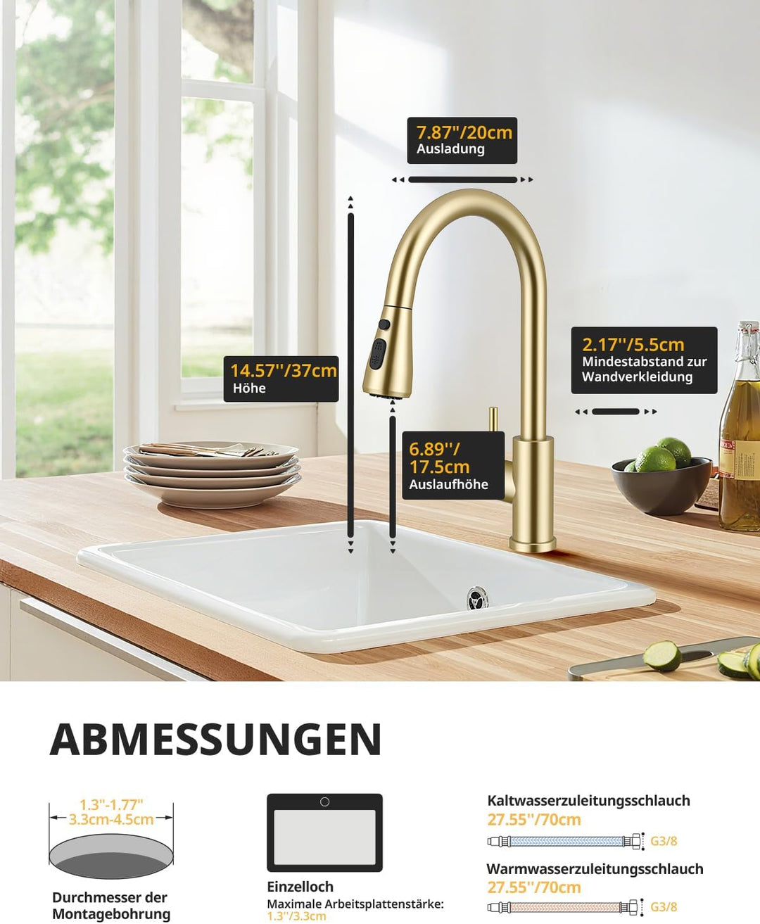 Küchenarmatur, Ausziehbarer Wasserhahn mit Edelstahl-Sprühbrause und 3 Sprühfunktionen, 360° schwenk