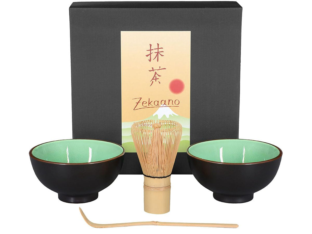 Matcha-Set 4-teilig, moosgrün, bestehend aus 2 Matcha-Schalen, Matcha-Löffel und Matcha-Besen (Bambu