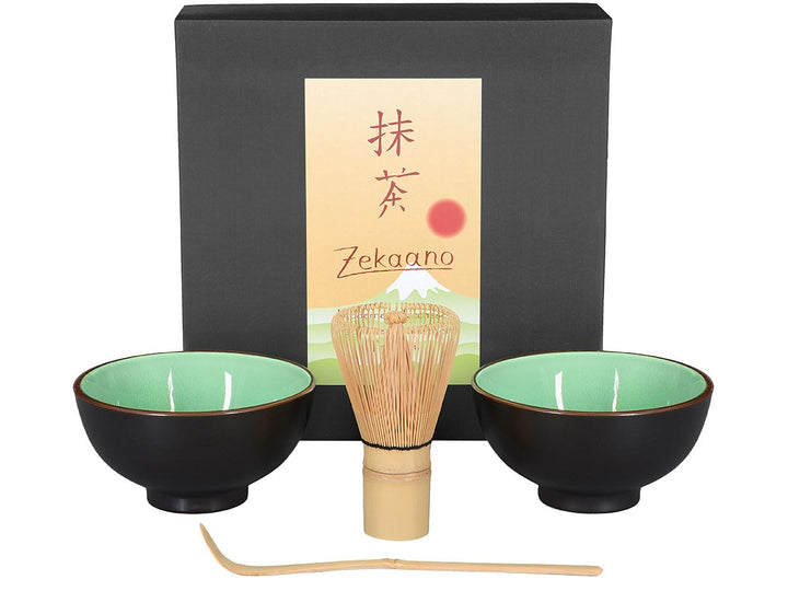 Matcha-Set 4-teilig, moosgrün, bestehend aus 2 Matcha-Schalen, Matcha-Löffel und Matcha-Besen (Bambu