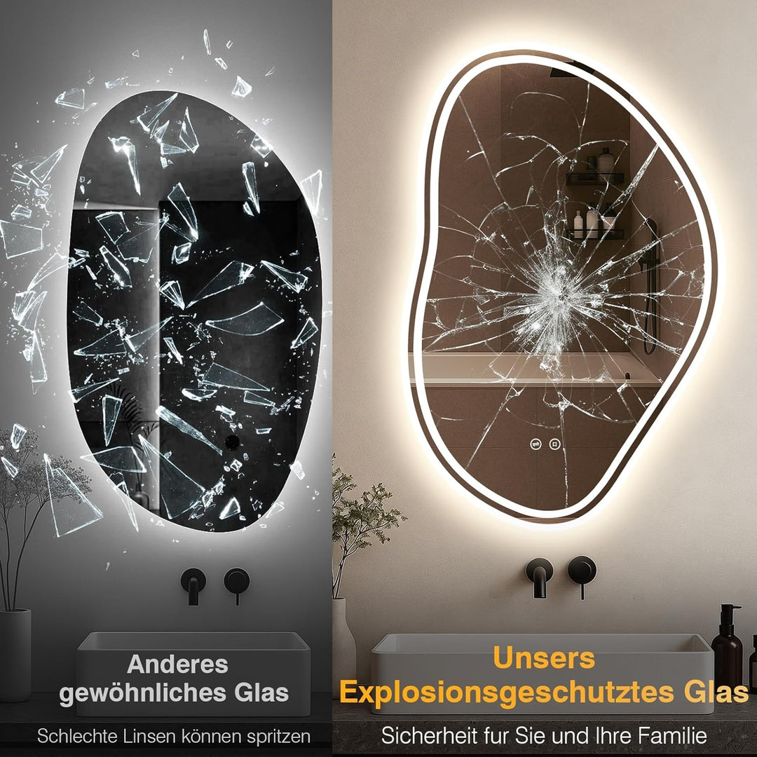 Asymmetrischer Spiegel mit Beleuchtung, Badspiegel mit Beleuchtung 80x53cm, 3 Lichtfarben, Dimmbar,