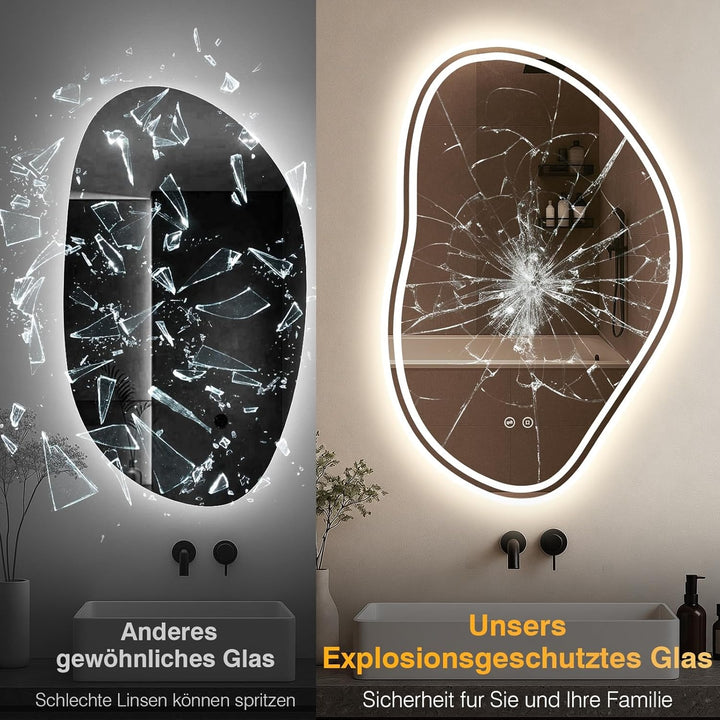 Asymmetrischer Spiegel mit Beleuchtung, Badspiegel mit Beleuchtung 80x53cm, 3 Lichtfarben, Dimmbar,
