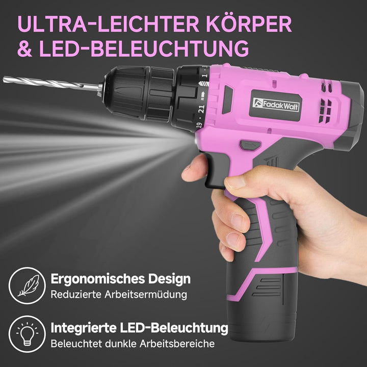 12V Akku-Bohrschrauber, Akku-Bohrschrauber-Set, 3/8" Zoll Schnellspannbohrfutter, Rosa Elektroschrau