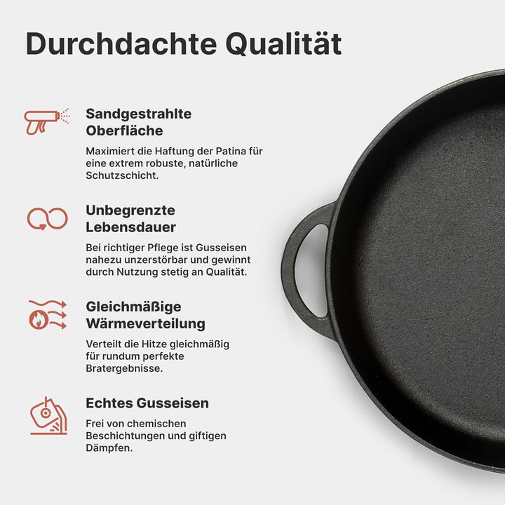 Premium tiefe Gusseisenpfanne 28 cm mit Glasdeckel abnehmbarer Holzgriff | unbeschichtet backofenfes