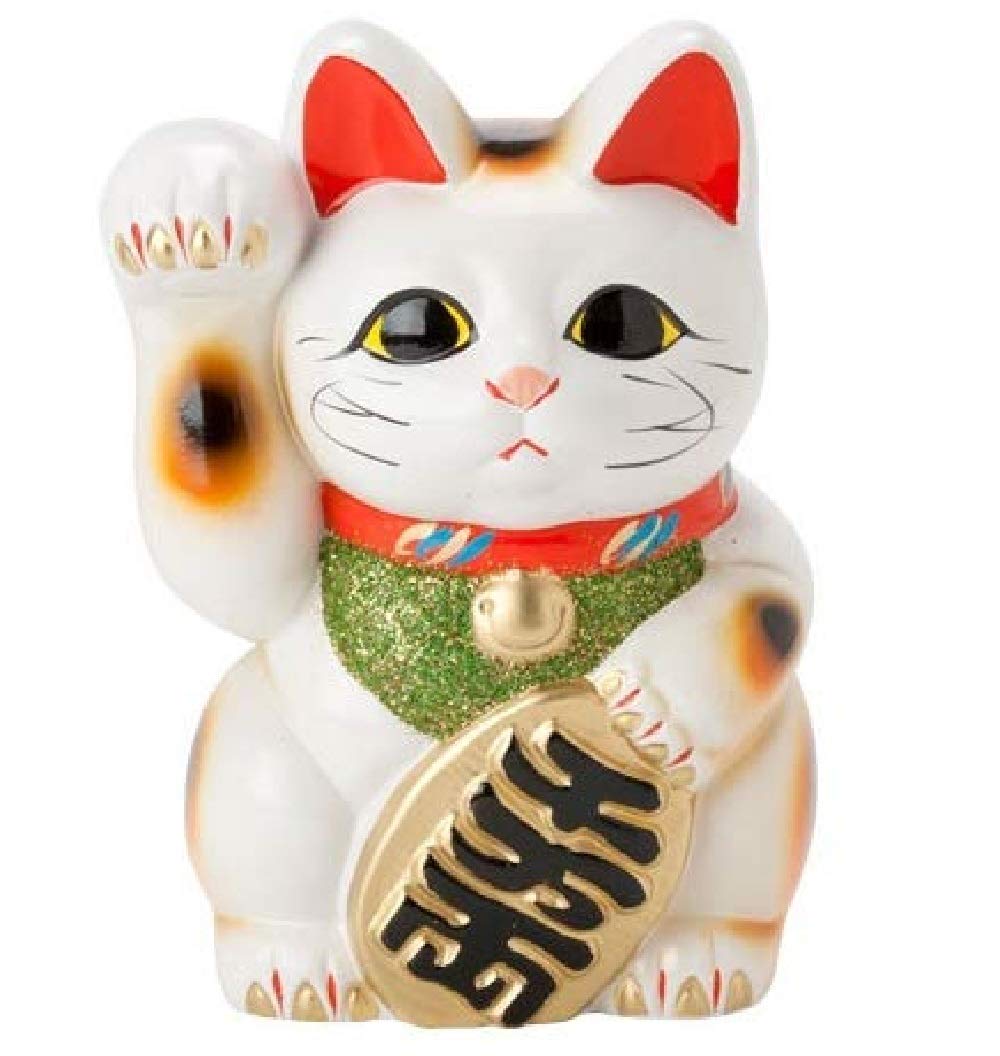 Glückskatze, Maneki Neko mit gehobener rechten Pfote, aus Tokoname-Porzellan, Weiss, 19 cm, hergeste