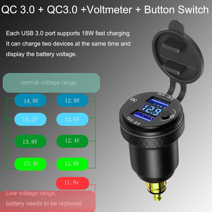 DIN Powerlet Stecker auf Dual Quick Charge 3.0 USB Ladeadapter mit Voltmeter und Schalter für Motorr