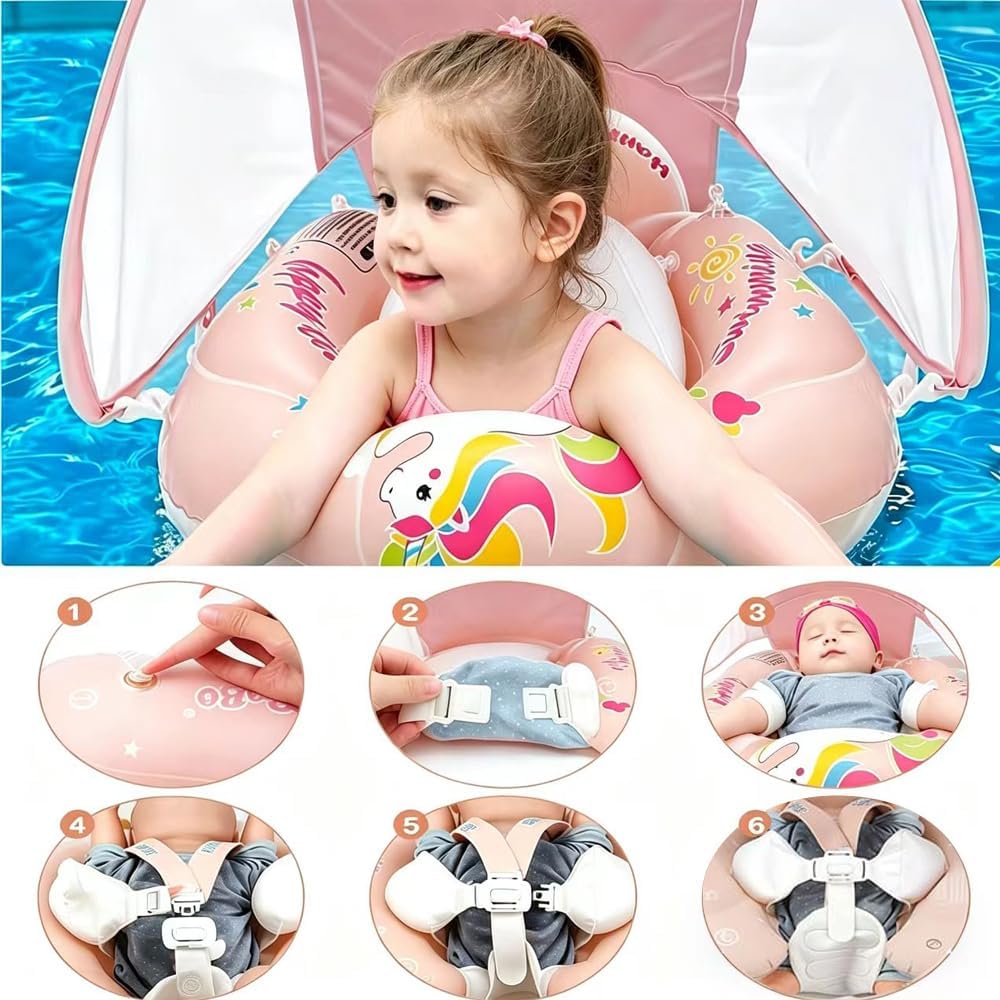 Baby Schwimmring mit abnehmbarem sonnendach,Schwimmhilfe verstellbare Schultergurte Blau, Blau