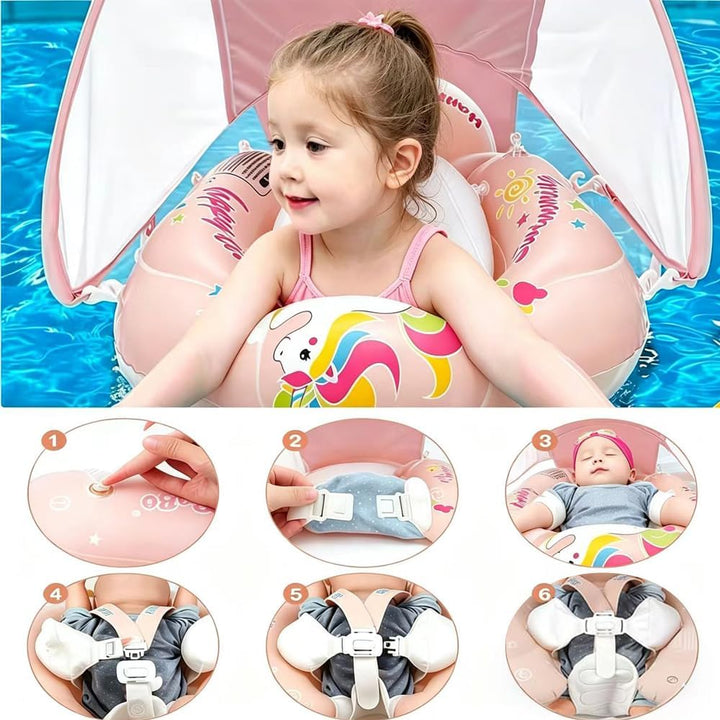 Baby Schwimmring mit abnehmbarem sonnendach,Schwimmhilfe verstellbare Schultergurte Blau, Blau